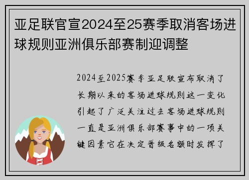 亚足联官宣2024至25赛季取消客场进球规则亚洲俱乐部赛制迎调整